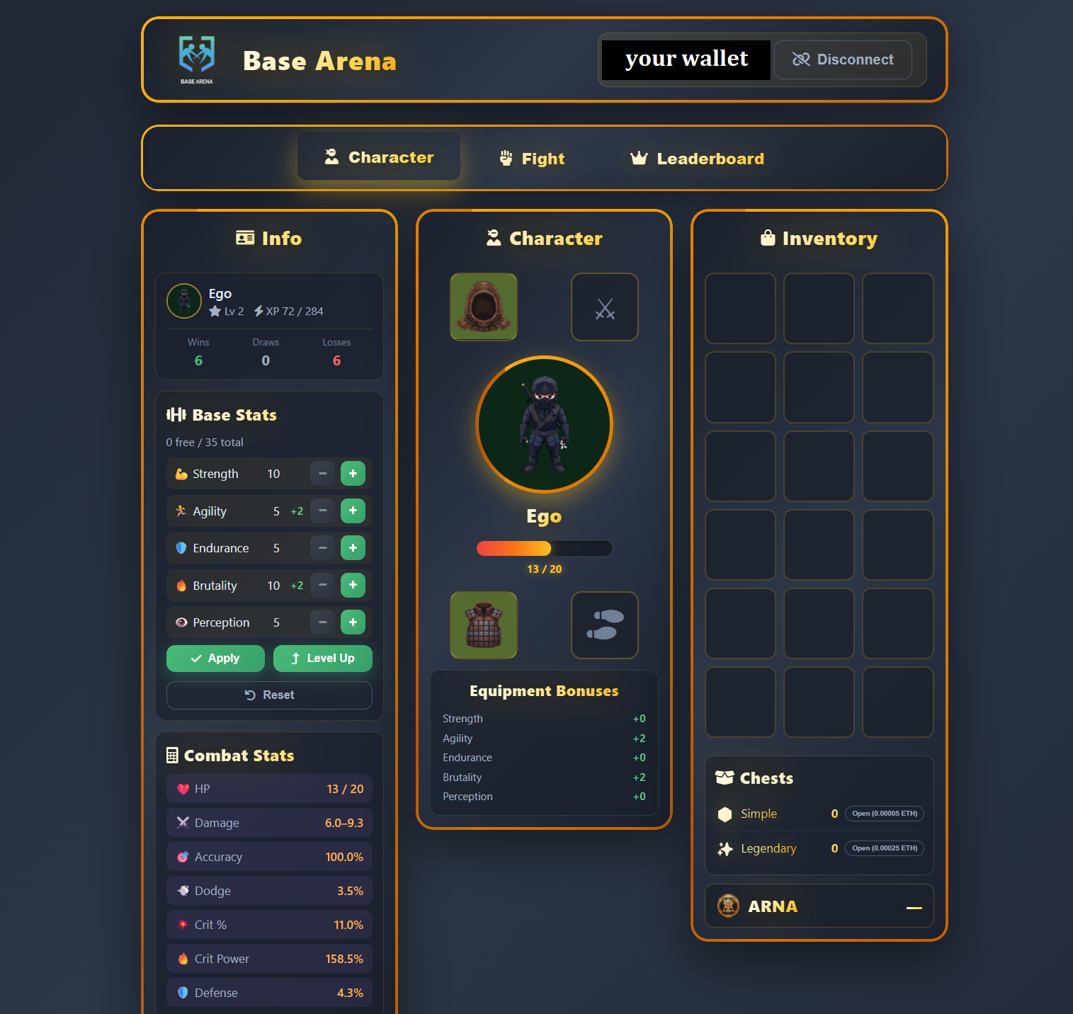 Character, stats and equipment